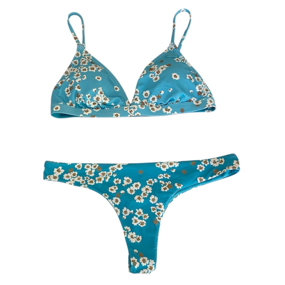 Roxy Beach Swimsuit Triangle Bikini Top Thong Bottom Floral Blue Women’s Small